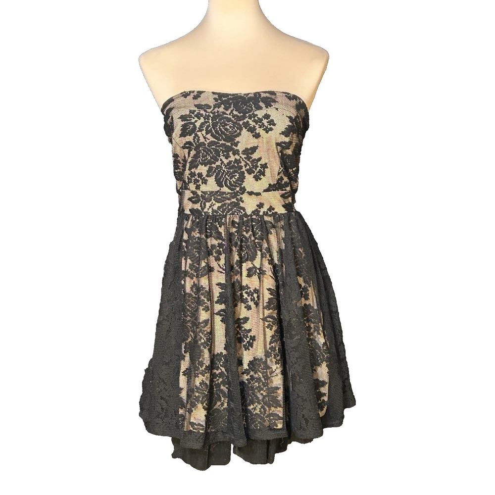 Vintage La Scala Nude Black Lace Illusion Strapless Dress Layered Skirt USA Y2K